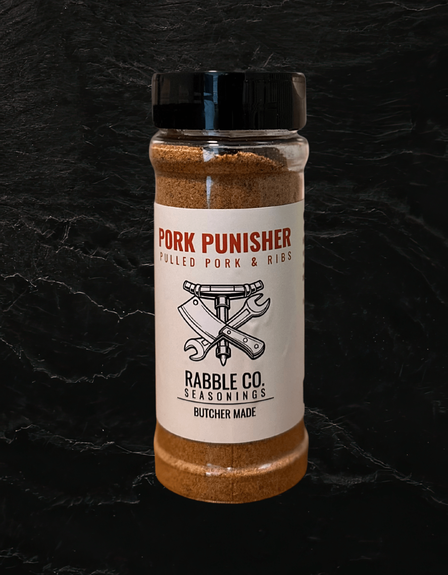 Pork Punisher pork rub, small-batch BBQ seasoning by Rabble Co. Pflugerville TX